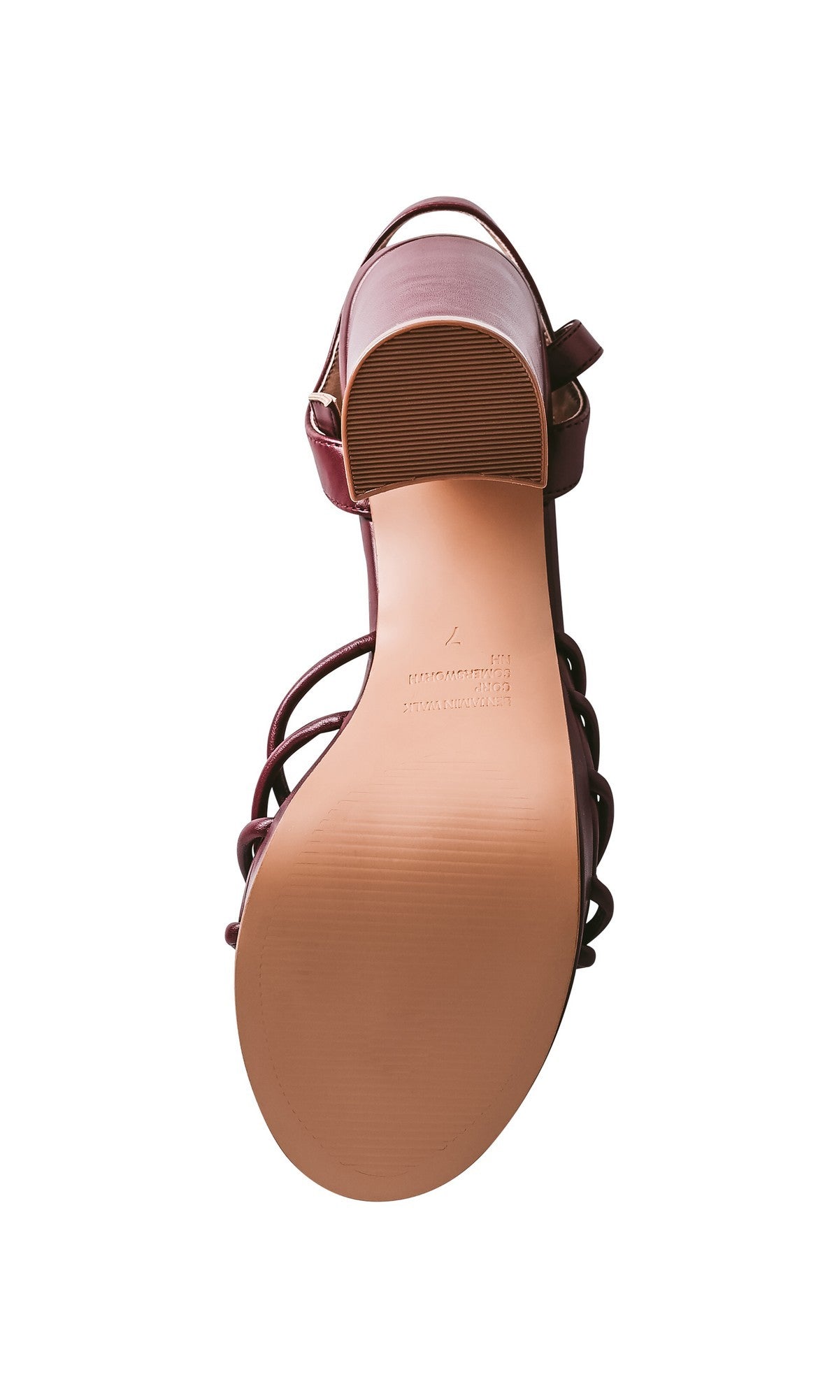 Bottom view of Tiara Dark Red Prom Shoes: Touch Ups 4762, a maroon strappy sandal with a tan sole and low block heel in faux leather, shown on a white background.